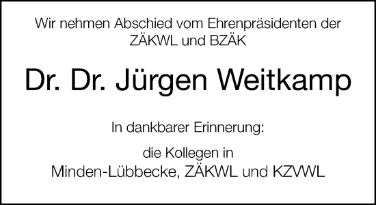 Traueranzeige von Jürgen Weitkamp von Neue Westfälische und Westfalen-Blatt