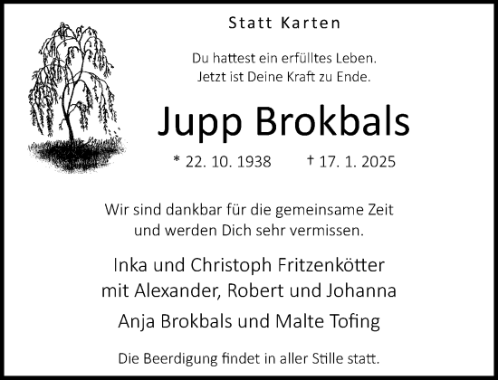 Traueranzeige von Jupp Brokbals von Neue Westfälische und Westfalen-Blatt