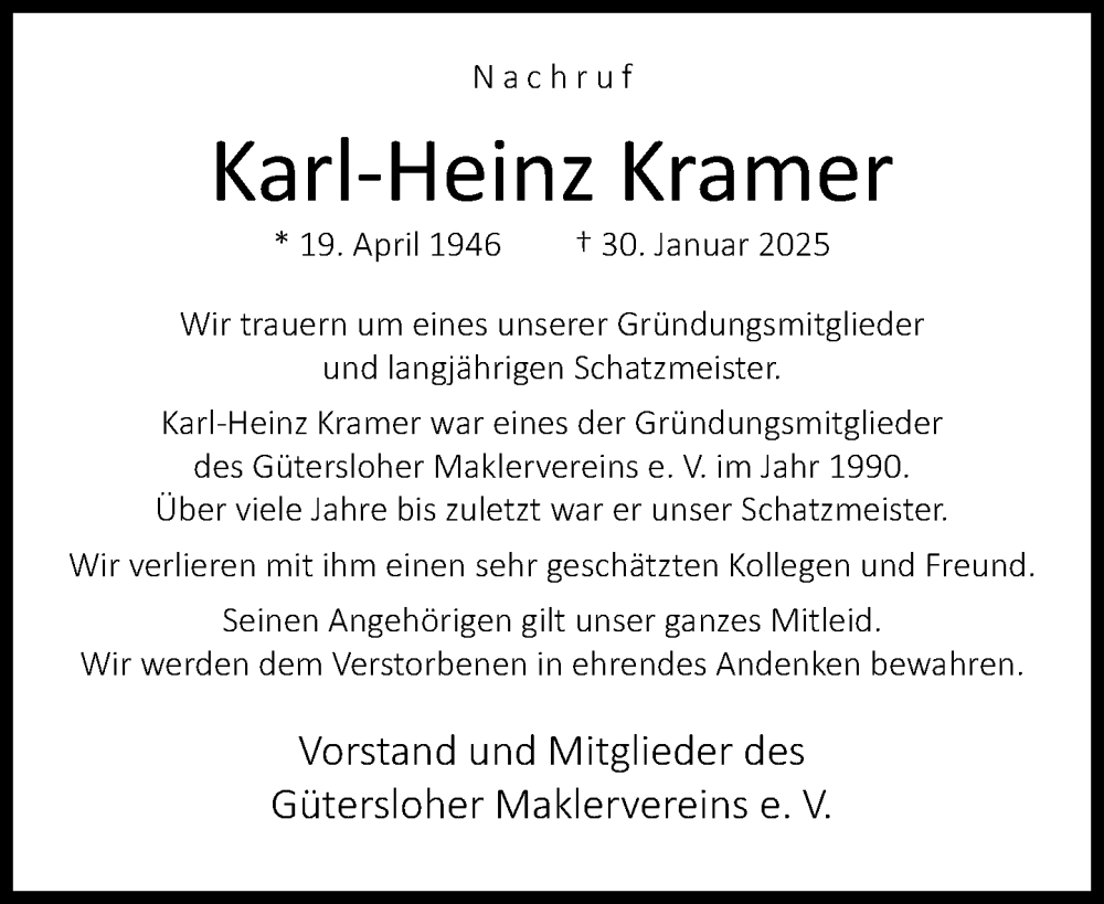  Traueranzeige für Karl-Heinz Kramer vom 05.02.2025 aus Neue Westfälische und Westfalen-Blatt