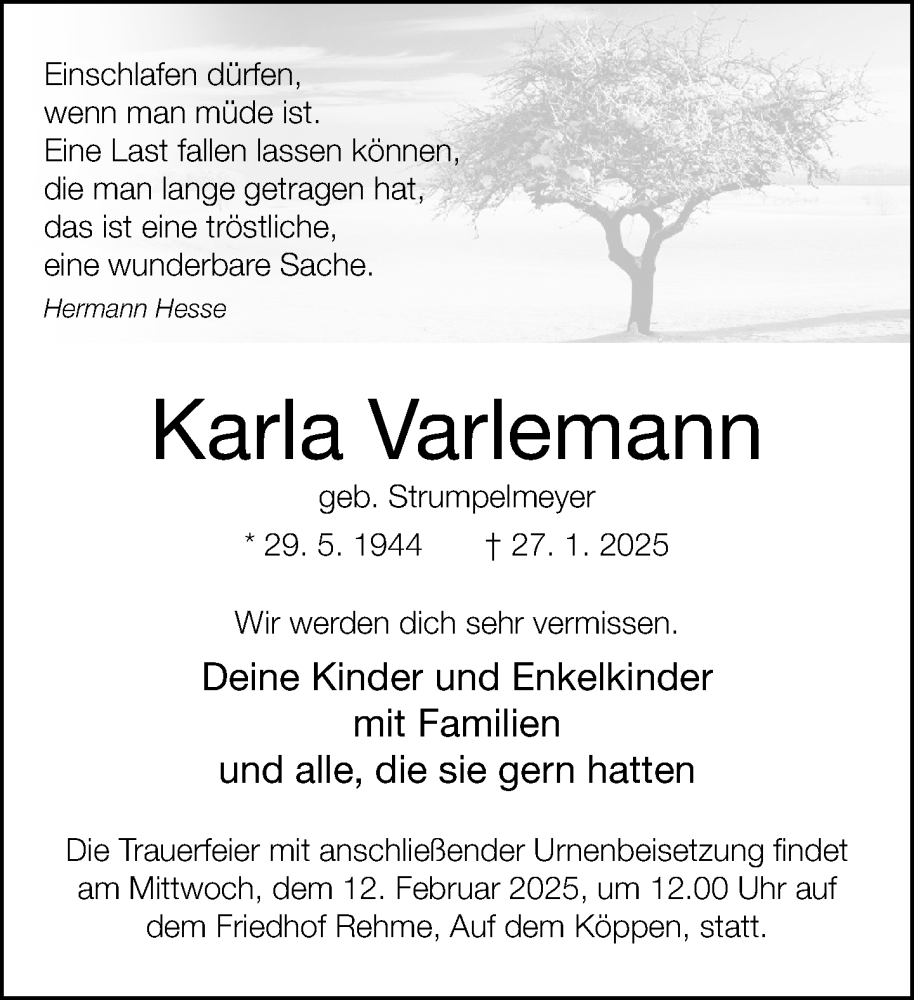 Traueranzeige für Karla Varlemann vom 08.02.2025 aus Neue Westfälische und Westfalen-Blatt