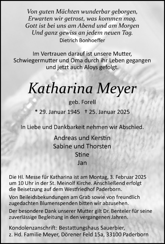 Traueranzeige von Katharina Meyer von Neue Westfälische und Westfalen-Blatt