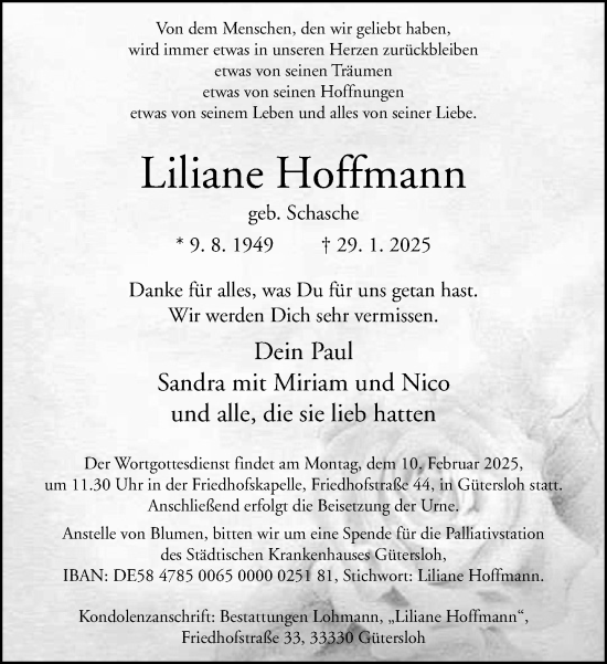 Traueranzeige von Liliane Hoffmann von Neue Westfälische und Westfalen-Blatt