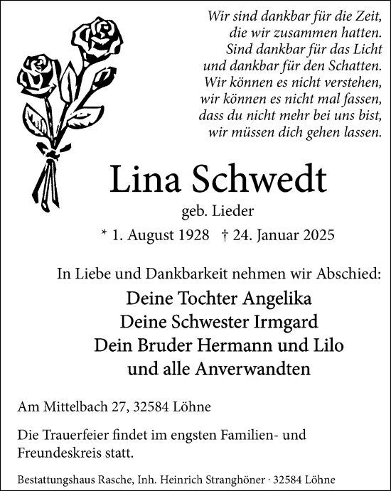 Traueranzeige von Lina Schwedt von Neue Westfälische und Westfalen-Blatt