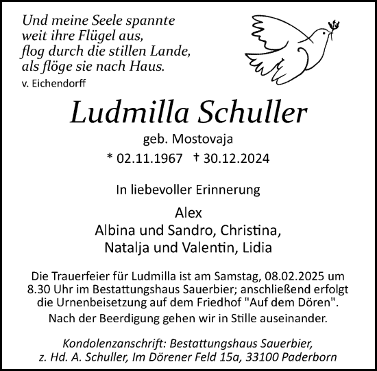Traueranzeige von Ludmilla Schuller von Neue Westfälische und Westfalen-Blatt
