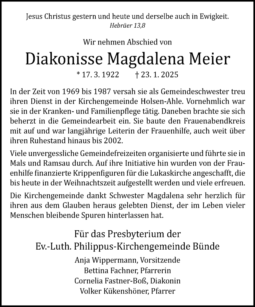  Traueranzeige für Magdalena Meier vom 06.02.2025 aus Neue Westfälische und Westfalen-Blatt