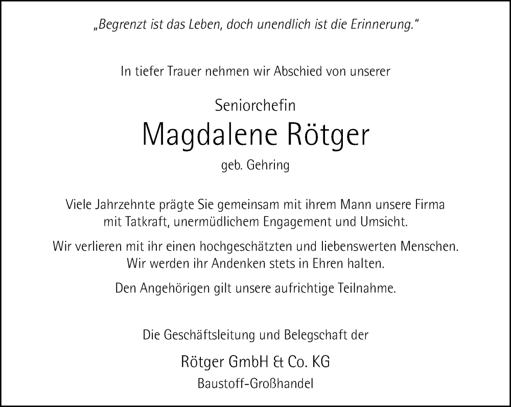  Traueranzeige für Magdalene Rötger vom 01.02.2025 aus Neue Westfälische und Westfalen-Blatt