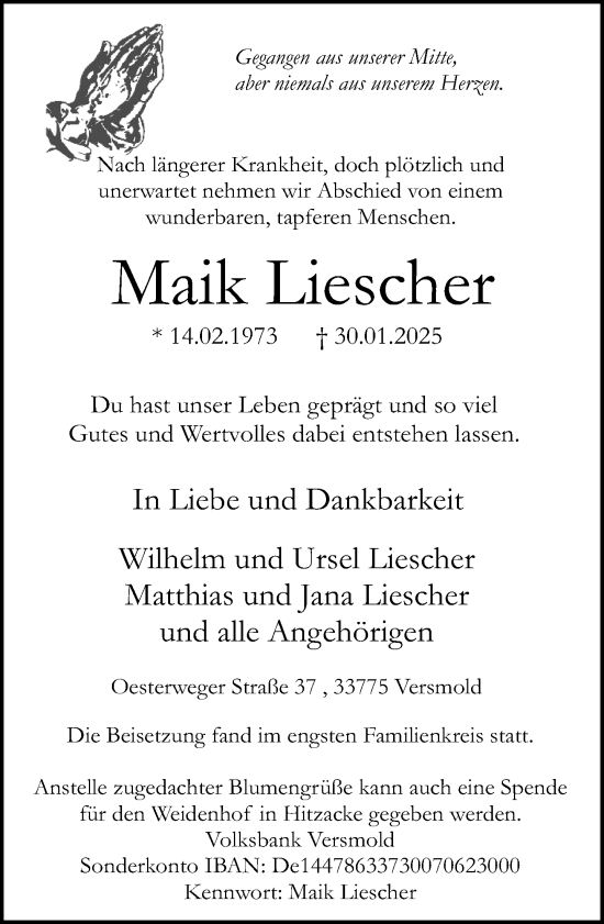 Traueranzeige von Maik Liescher von Neue Westfälische und Westfalen-Blatt