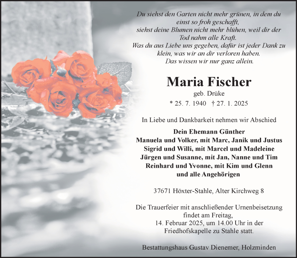  Traueranzeige für Maria Fischer vom 08.02.2025 aus Neue Westfälische und Westfalen-Blatt