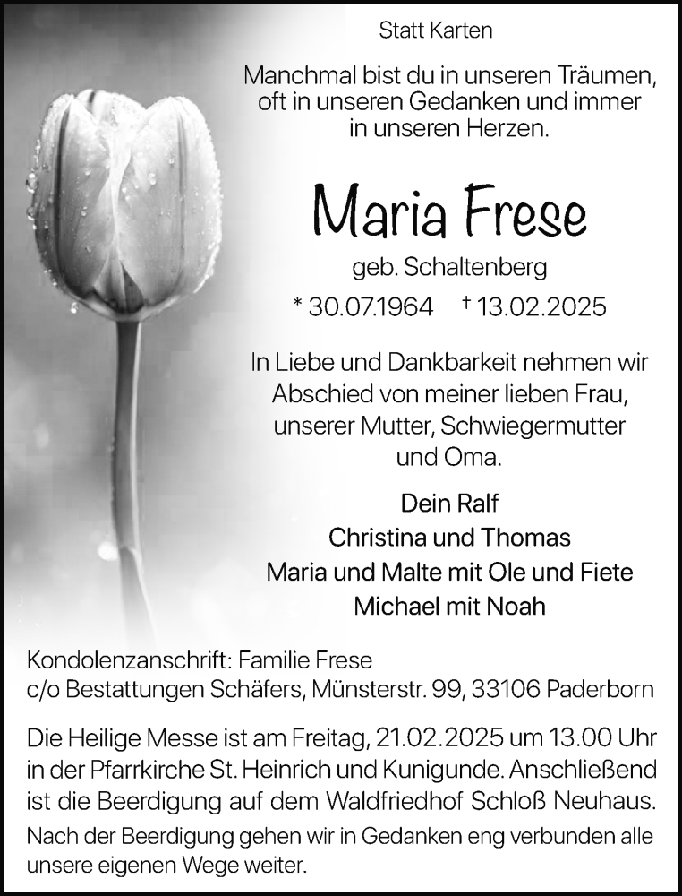  Traueranzeige für Maria Frese vom 19.02.2025 aus Neue Westfälische und Westfalen-Blatt