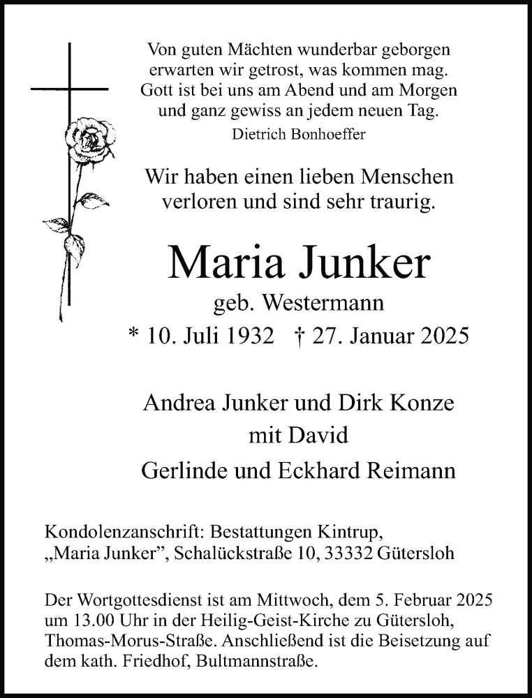  Traueranzeige für Maria Junker vom 01.02.2025 aus Neue Westfälische und Westfalen-Blatt