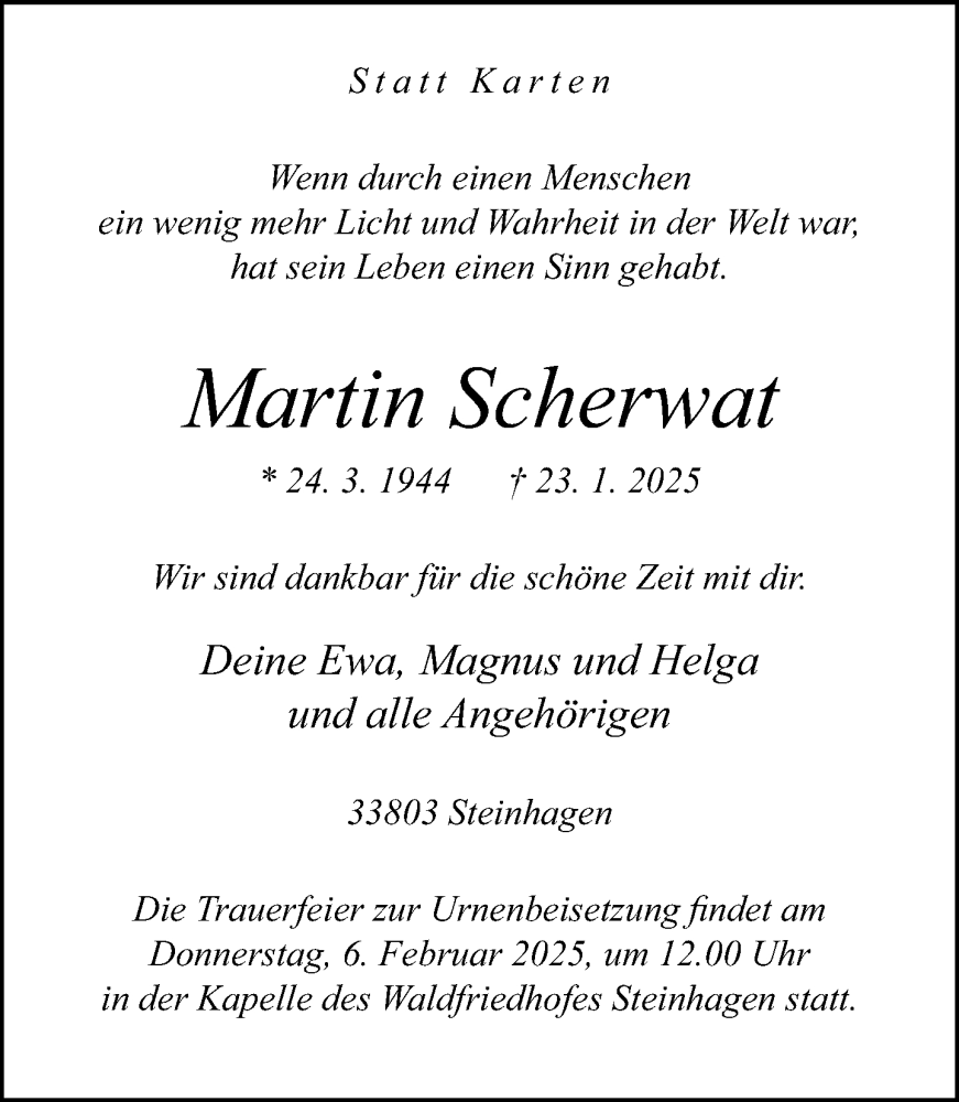  Traueranzeige für Martin Scherwat vom 01.02.2025 aus Neue Westfälische und Westfalen-Blatt