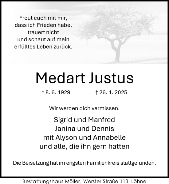Traueranzeige von Medart Justus von Neue Westfälische und Westfalen-Blatt
