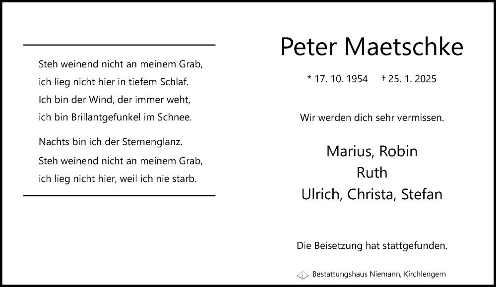  Traueranzeige für Peter Maetschke vom 08.02.2025 aus Neue Westfälische und Westfalen-Blatt