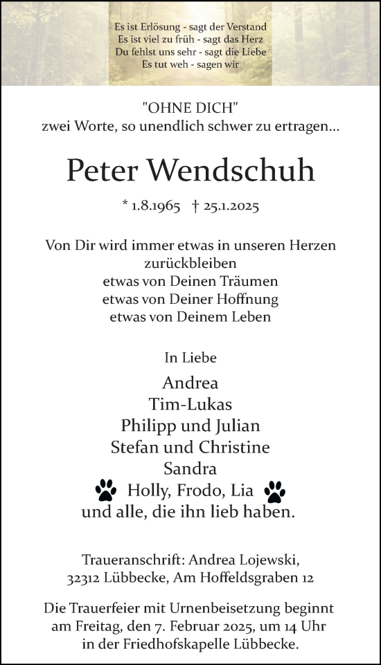 Traueranzeige von Peter Wendschuh von Neue Westfälische und Westfalen-Blatt