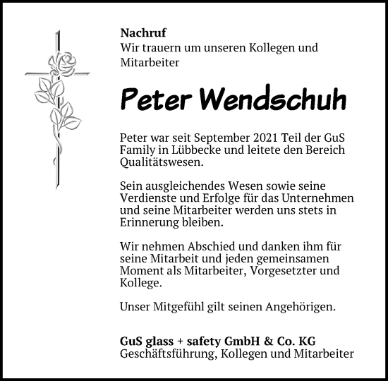 Traueranzeige von Peter Wendschuh von Neue Westfälische und Westfalen-Blatt
