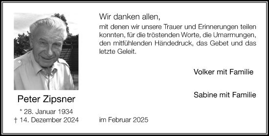 Traueranzeige von Peter Zipsner von Neue Westfälische und Westfalen-Blatt