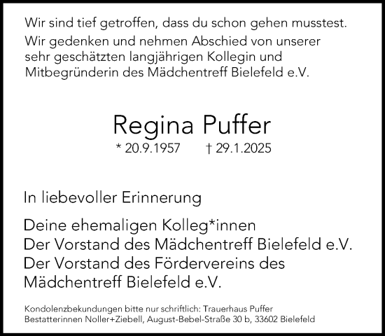 Traueranzeige von Regina Puffer von Neue Westfälische und Westfalen-Blatt