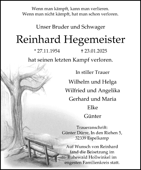 Traueranzeige von Reinhard Hegemeister von Neue Westfälische und Westfalen-Blatt