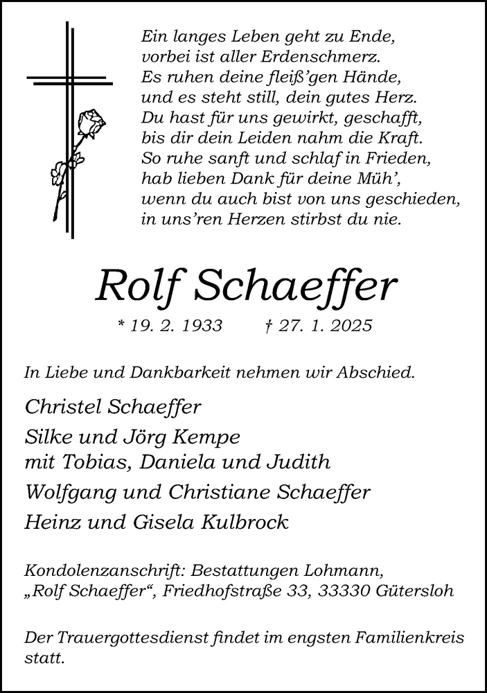  Traueranzeige für Rolf Schaeffer vom 01.02.2025 aus Neue Westfälische und Westfalen-Blatt
