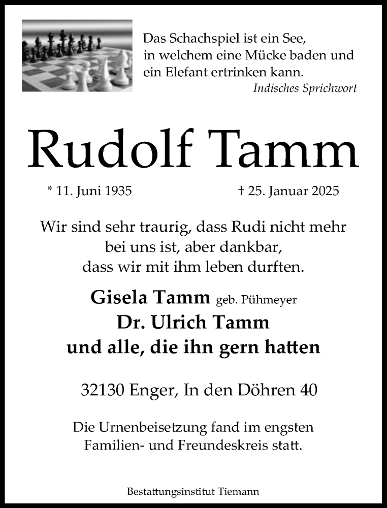  Traueranzeige für Rudolf Tamm vom 08.02.2025 aus Neue Westfälische und Westfalen-Blatt