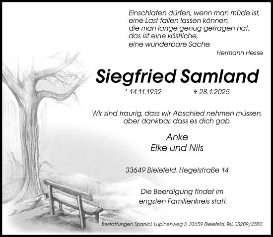 Traueranzeige von Siegfried Samland von Neue Westfälische und Westfalen-Blatt