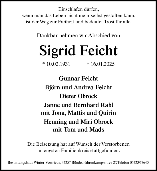Traueranzeige von Sigrid Feicht von Neue Westfälische und Westfalen-Blatt