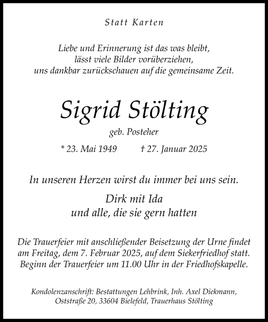Traueranzeige von Sigrid Stölting von Neue Westfälische und Westfalen-Blatt