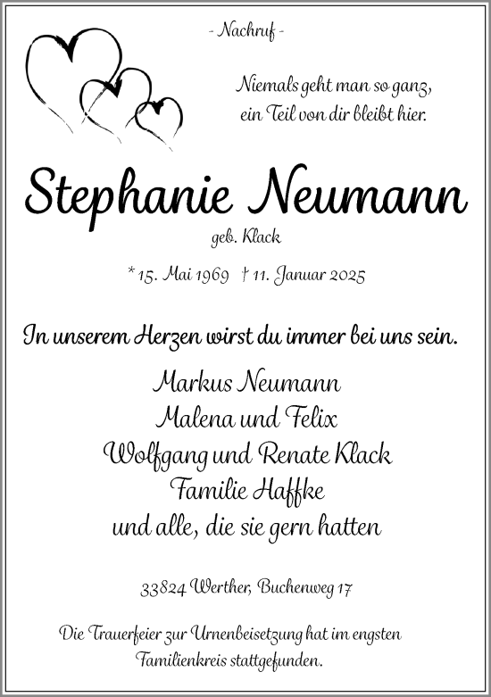 Traueranzeige von Stephanie Neumann von Neue Westfälische und Westfalen-Blatt