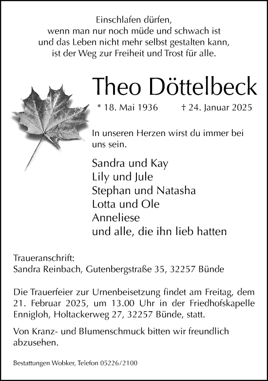 Traueranzeige von Theo Döttelbeck von Neue Westfälische und Westfalen-Blatt
