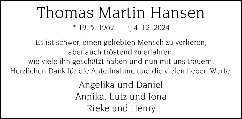  Traueranzeige für Thomas Martin Hansen vom 01.02.2025 aus Neue Westfälische und Westfalen-Blatt