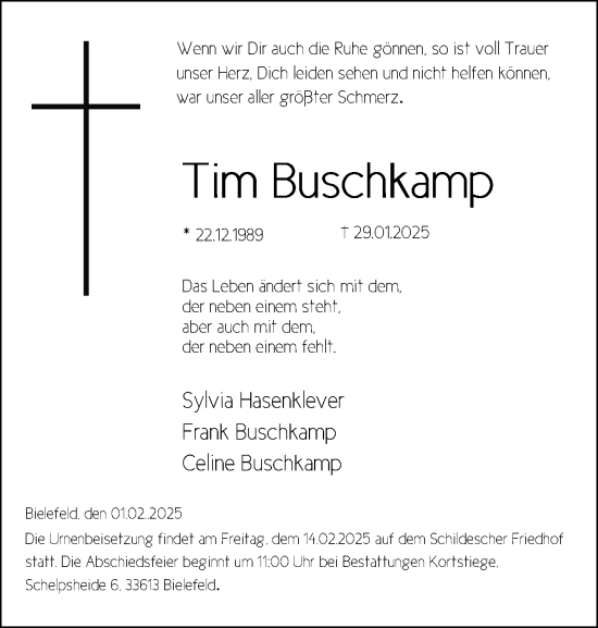 Traueranzeige von Tim Buschkamp von Neue Westfälische und Westfalen-Blatt