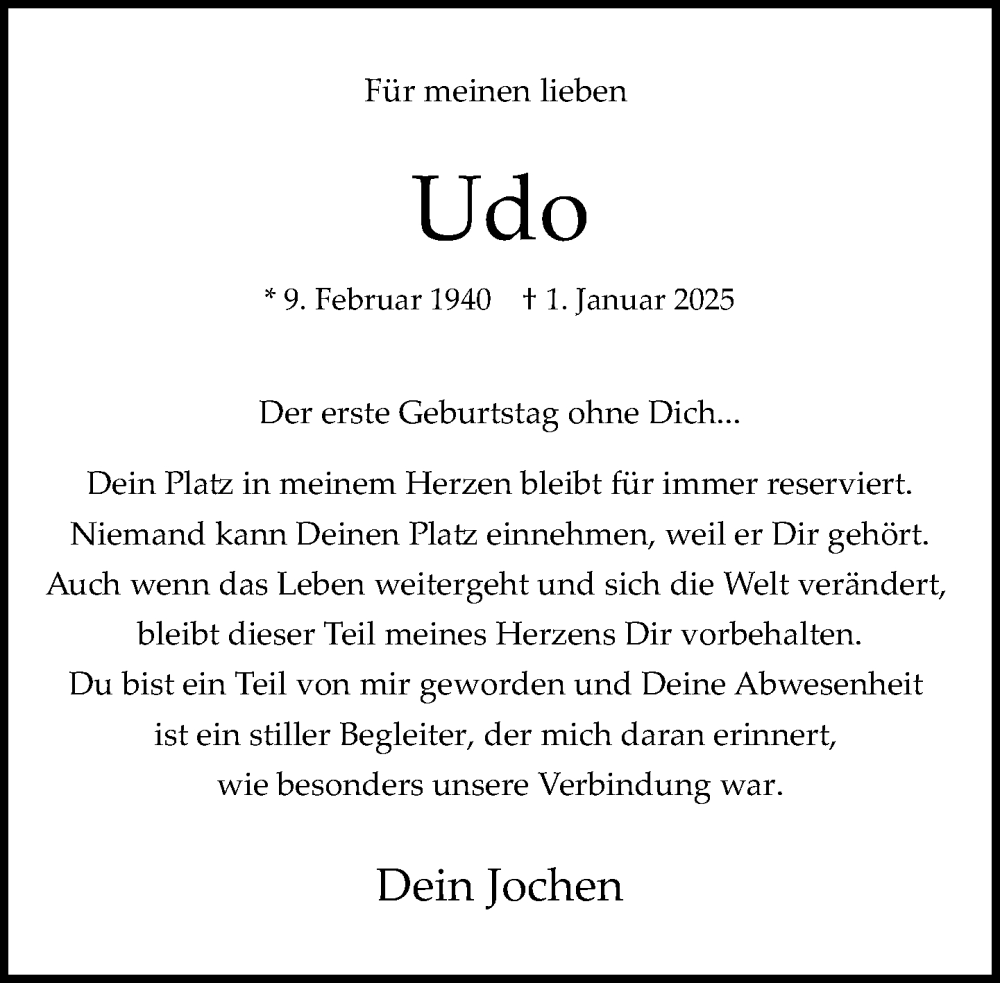  Traueranzeige für Udo  vom 08.02.2025 aus Neue Westfälische und Westfalen-Blatt
