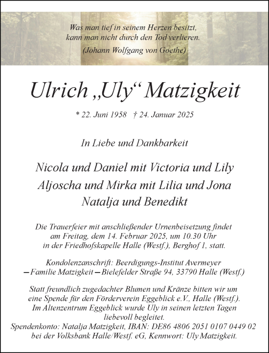 Traueranzeige von Ulrich Matzigkeit von Neue Westfälische und Westfalen-Blatt