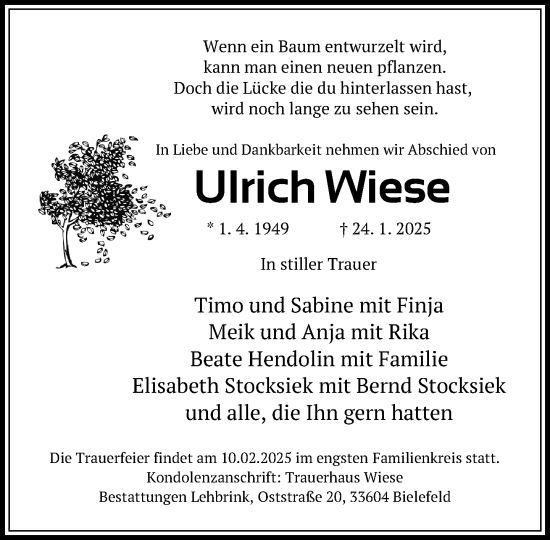 Traueranzeige von Ulrich Wiese von Neue Westfälische und Westfalen-Blatt
