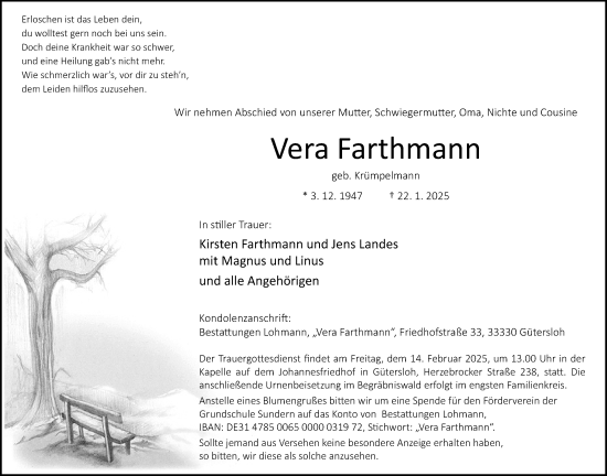 Traueranzeige von Vera Farthmann von Neue Westfälische und Westfalen-Blatt