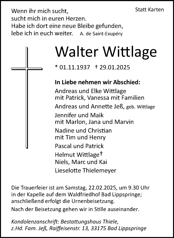  Traueranzeige für Walter Wittlage vom 08.02.2025 aus Neue Westfälische und Westfalen-Blatt