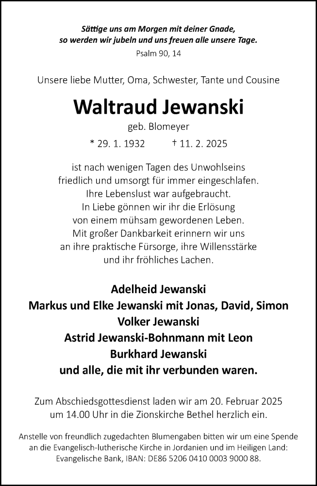  Traueranzeige für Waltraud Jewanski vom 18.02.2025 aus Neue Westfälische und Westfalen-Blatt