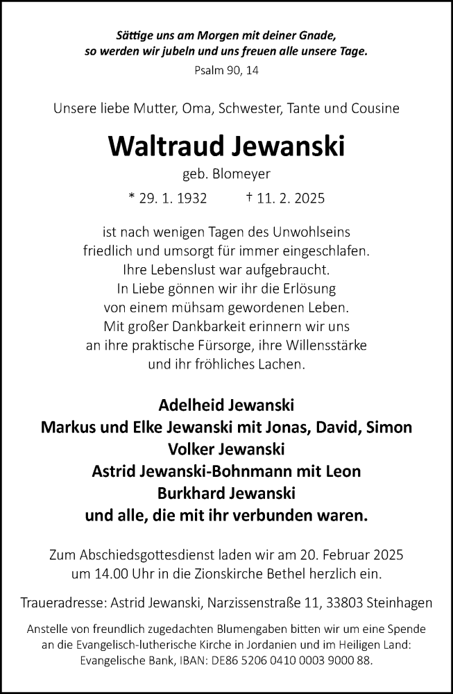  Traueranzeige für Waltraud Jewanski vom 15.02.2025 aus Neue Westfälische und Westfalen-Blatt