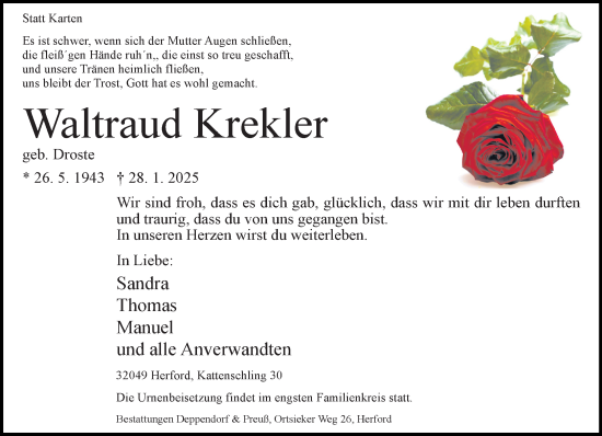 Traueranzeige von Waltraud Krekler von Neue Westfälische und Westfalen-Blatt