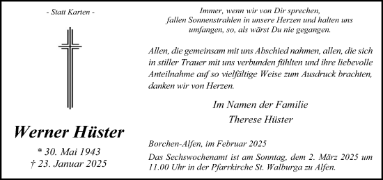 Traueranzeige von Werner Hüster von Neue Westfälische und Westfalen-Blatt