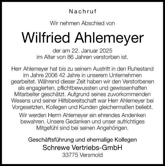 Traueranzeige von Wilfried Ahlemeyer von Neue Westfälische und Westfalen-Blatt