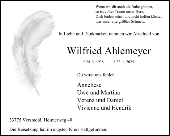 Traueranzeige von Wilfried Ahlemeyer von Neue Westfälische und Westfalen-Blatt