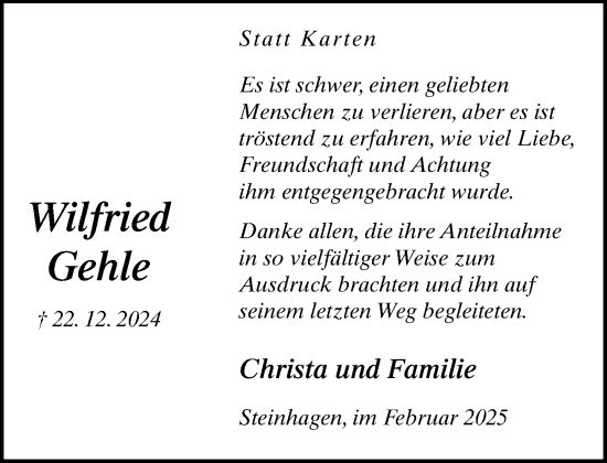 Traueranzeige von Wilfried Gehle von Neue Westfälische und Westfalen-Blatt