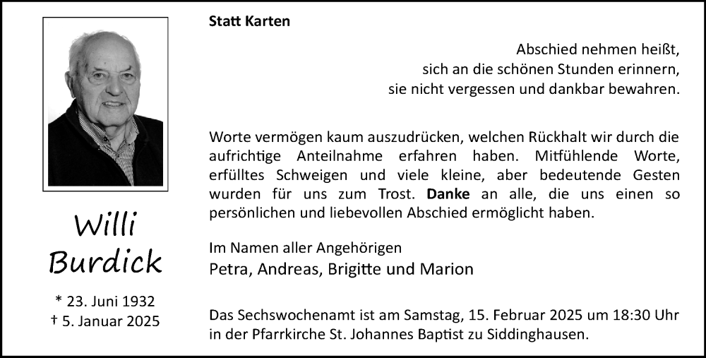  Traueranzeige für Willi Burdick vom 08.02.2025 aus Neue Westfälische und Westfalen-Blatt