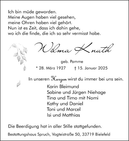 Traueranzeige von Wilma Knuth von Neue Westfälische und Westfalen-Blatt