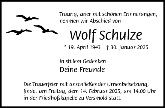 Traueranzeige von Wolf Schulze von Neue Westfälische und Westfalen-Blatt