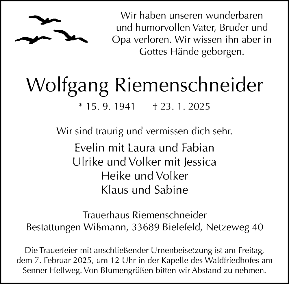  Traueranzeige für Wolfgang Riemenschneider vom 01.02.2025 aus Neue Westfälische und Westfalen-Blatt