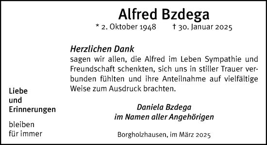 Traueranzeige von Alfred Bzdega von Neue Westfälische und Westfalen-Blatt
