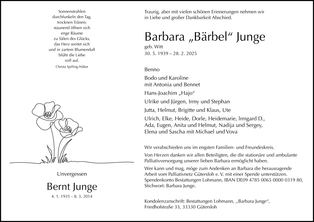  Traueranzeige für Barbara Junge vom 08.03.2025 aus Neue Westfälische und Westfalen-Blatt