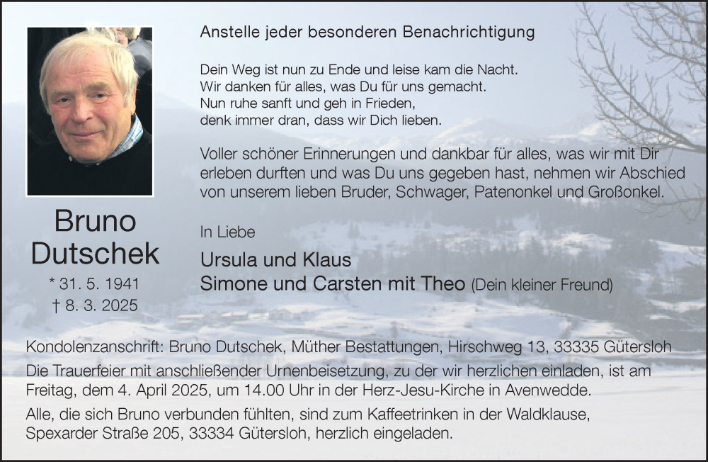  Traueranzeige für Bruno Dutschek vom 22.03.2025 aus Neue Westfälische und Westfalen-Blatt